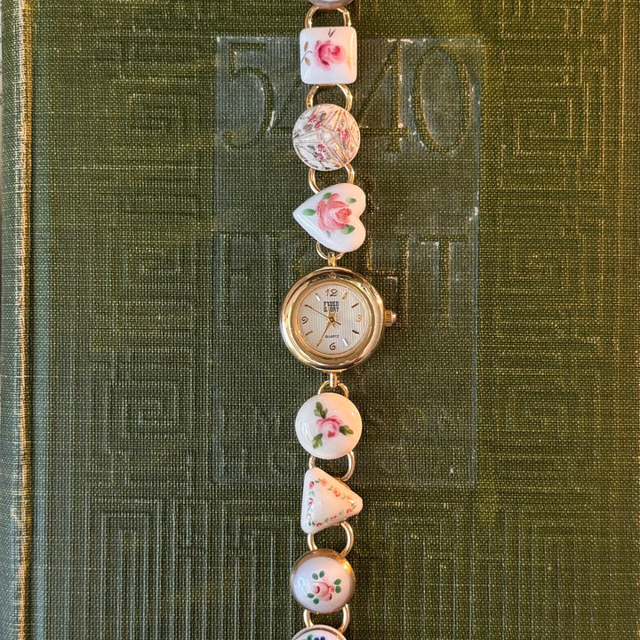 Repurposed Gold Floral Porcelain Watch