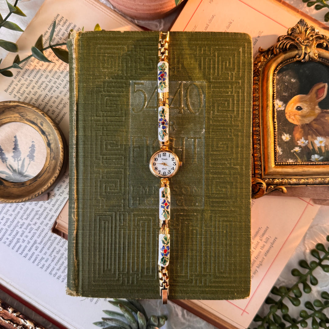 Gold Floral Enamel Watch