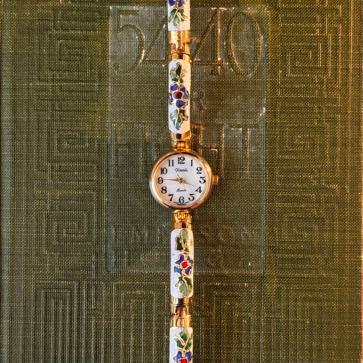 Gold Floral Enamel Watch