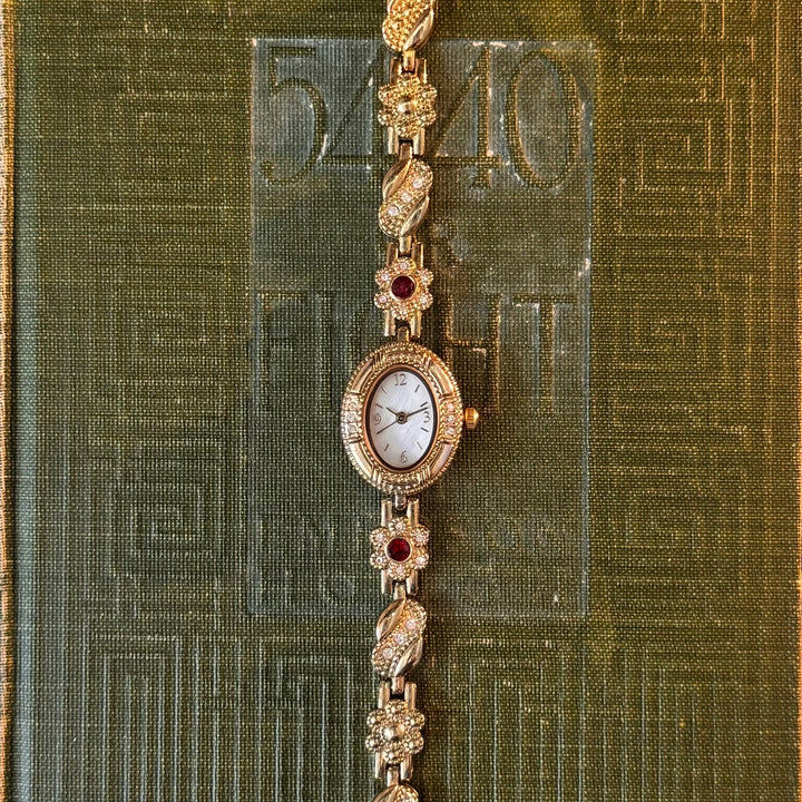 Gold Watch with Red Rhinestones