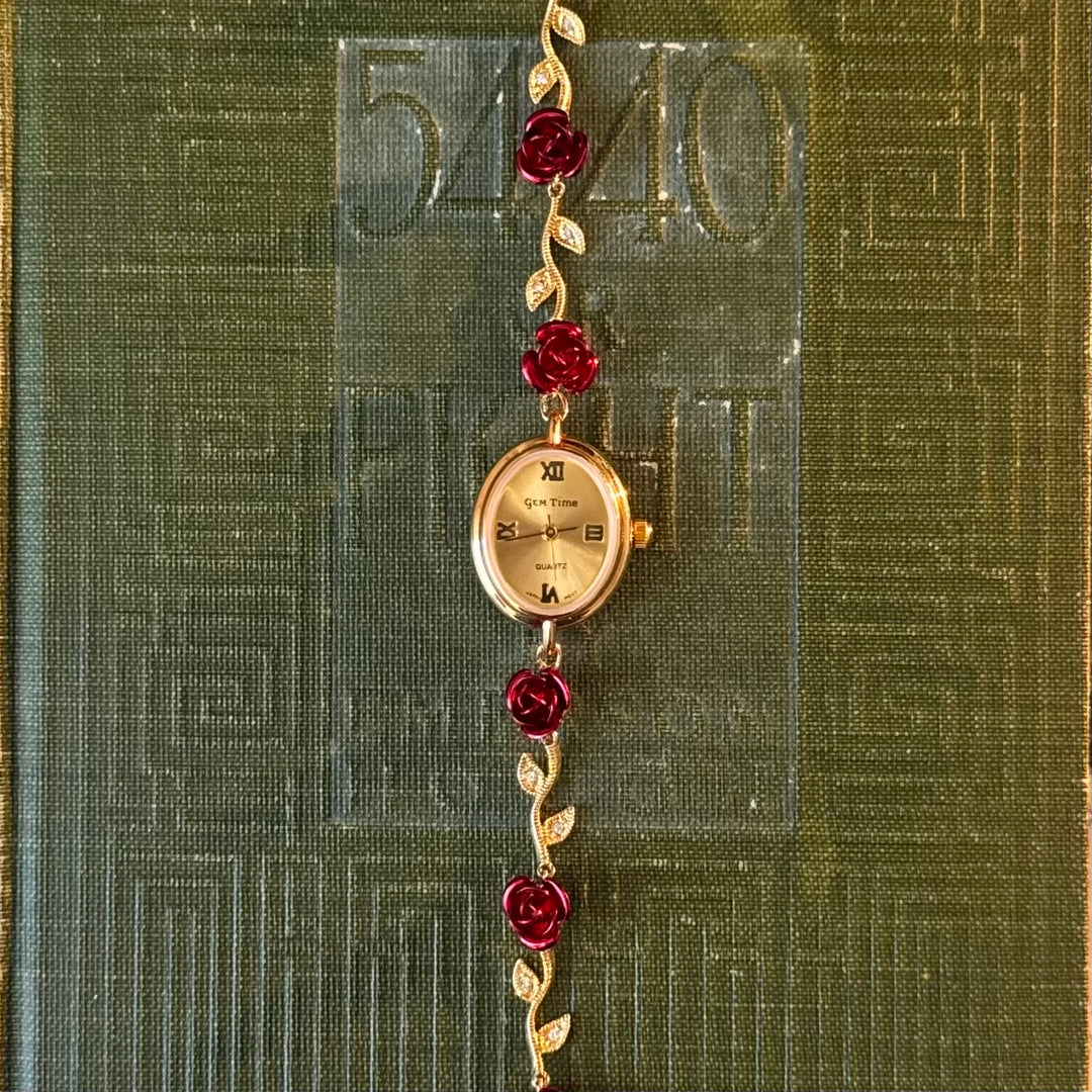 Repurposed Gold Red Rose Watch