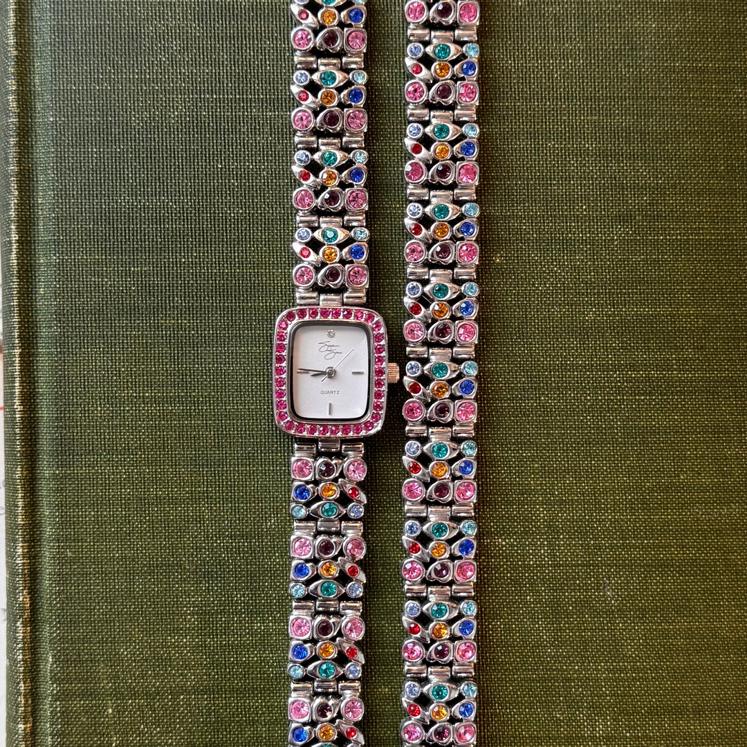 Silver Watch with Multicolored Rhinestones and Matching Bracelet