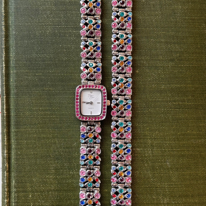 Silver Watch with Multicolored Rhinestones and Matching Bracelet