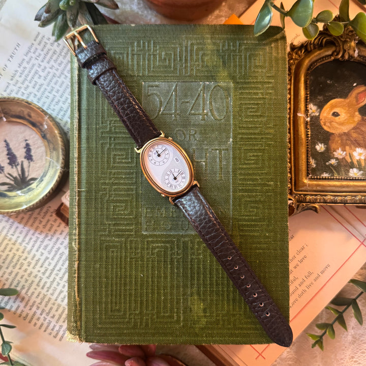 Gold Brown Leather Double Clock Watch
