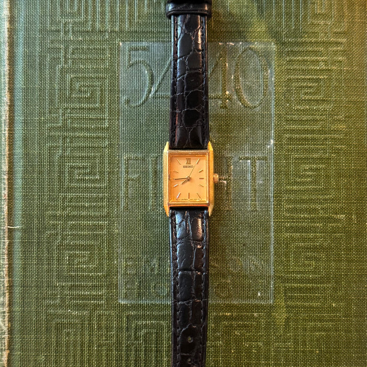 Gold Black Leather Seiko Watch