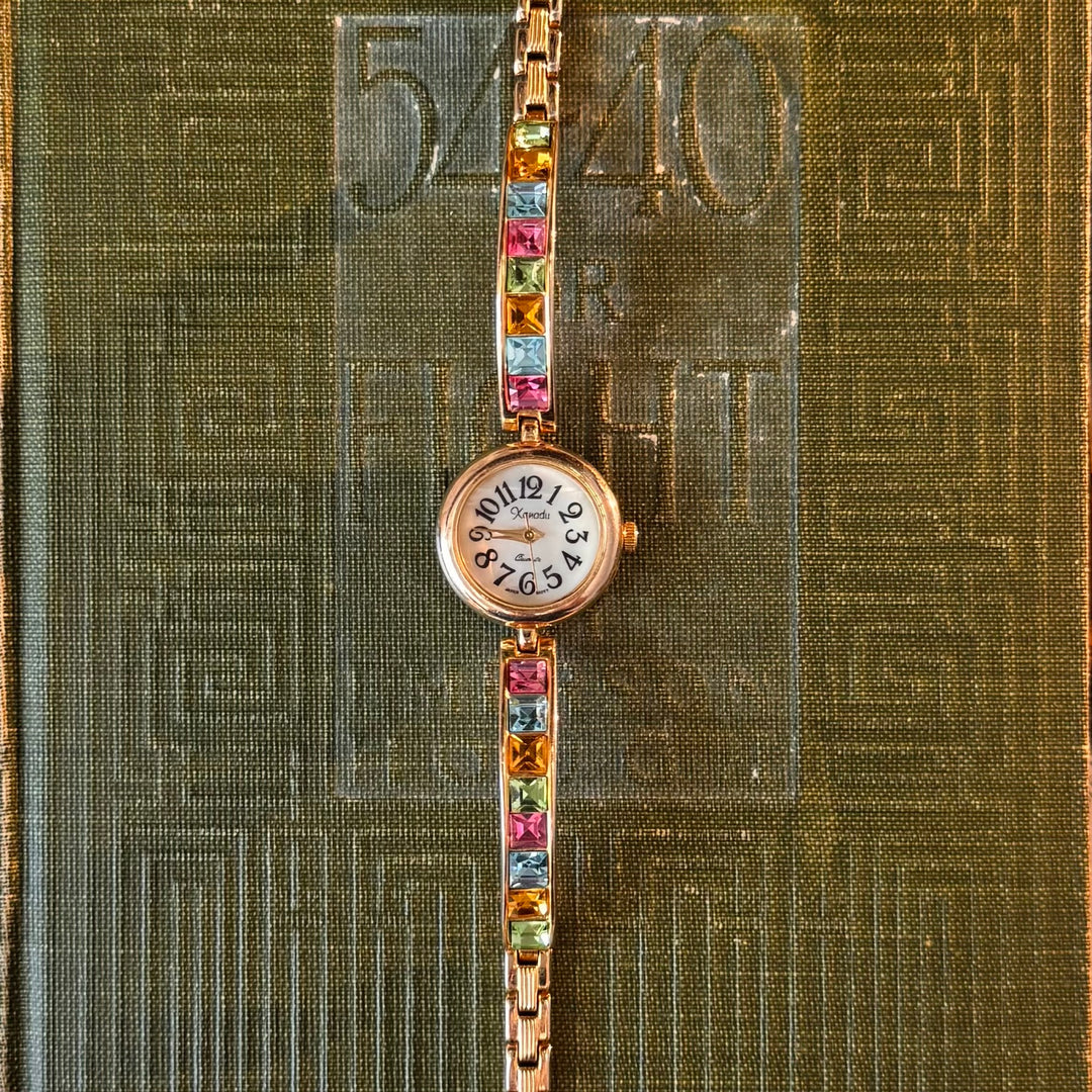 Gold Watch with Multicolored Rhinestones