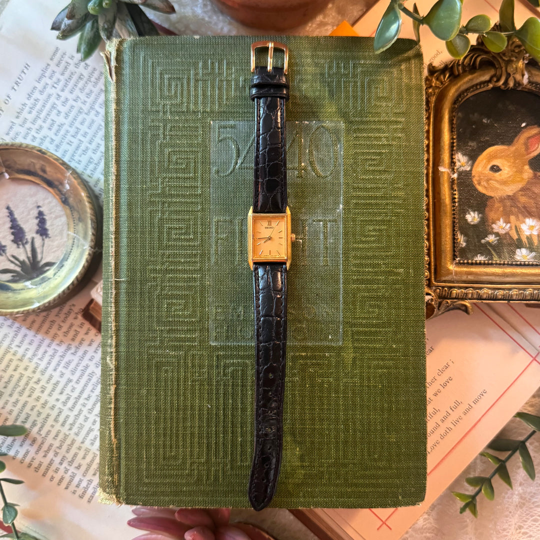Gold Black Leather Seiko Watch