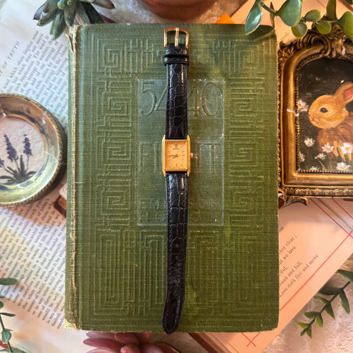 Gold Black Leather Seiko Watch