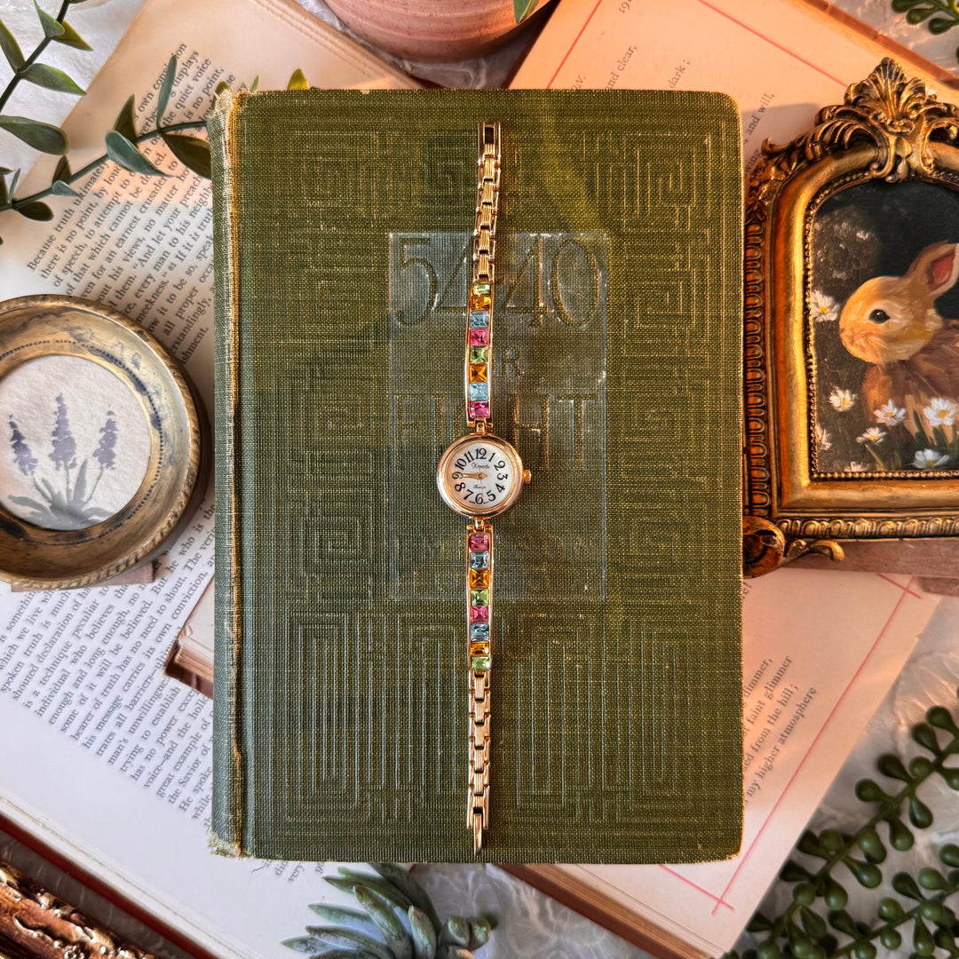 Gold Watch with Multicolored Rhinestones