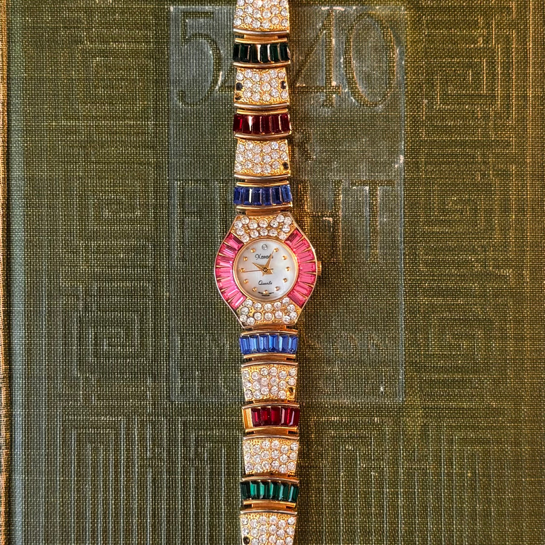 Gold Watch with Multicolored Rhinestones