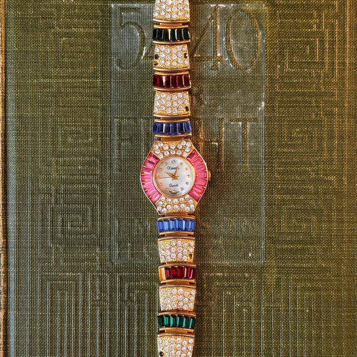 Gold Watch with Multicolored Rhinestones