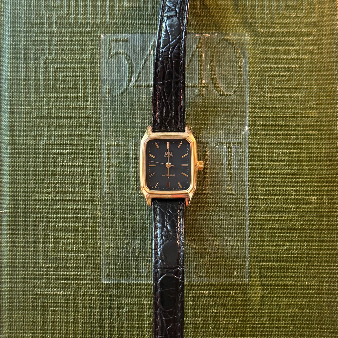 Gold Black Leather Watch