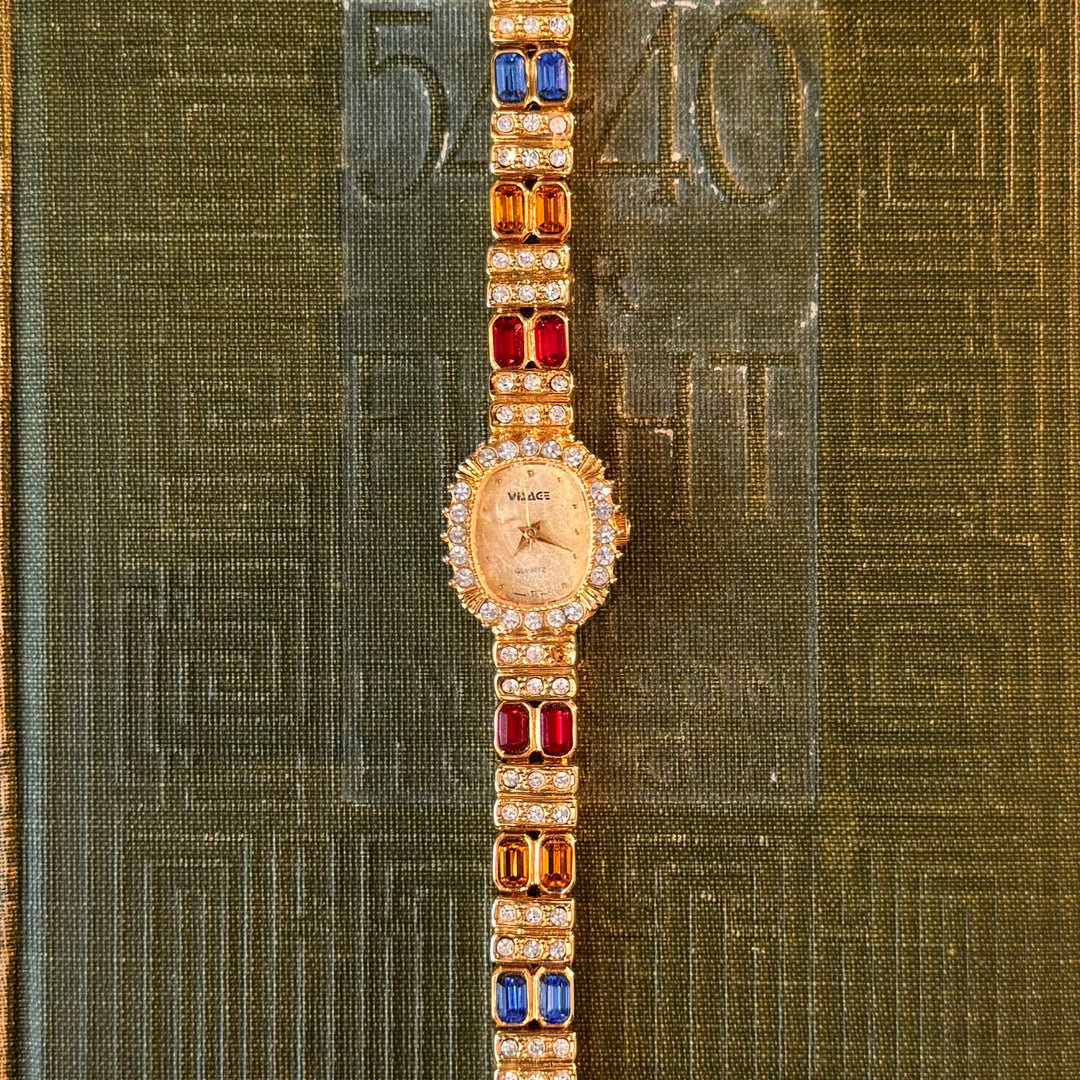 Gold Watch with Multicolored Rhinestones