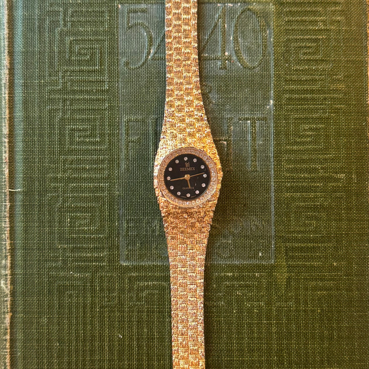 Gold Watch with Black Face & Rhinestones