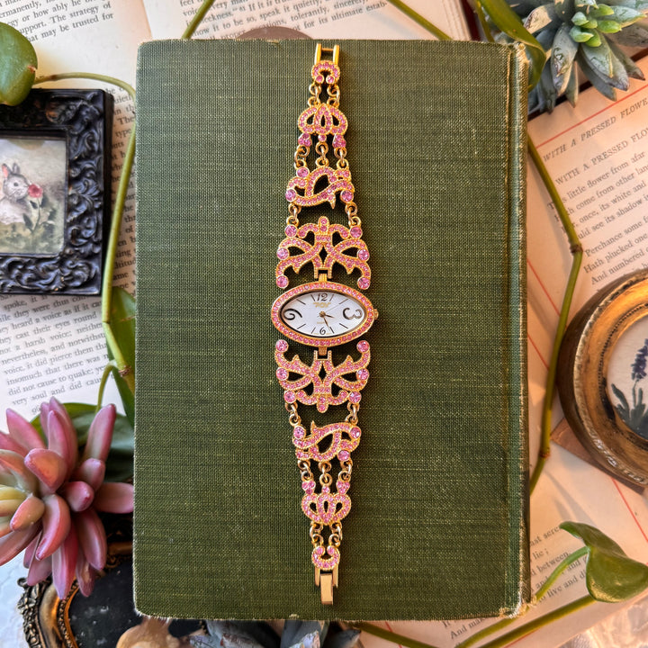 Gold Watch with Pink Rhinestones