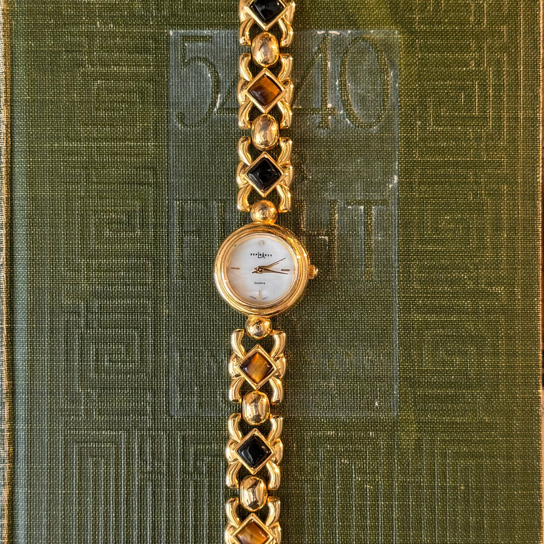 Gold Watch with Black & Brown Stones