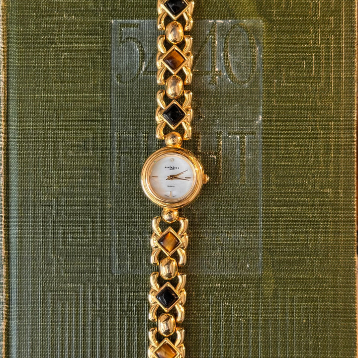 Gold Watch with Black & Brown Stones