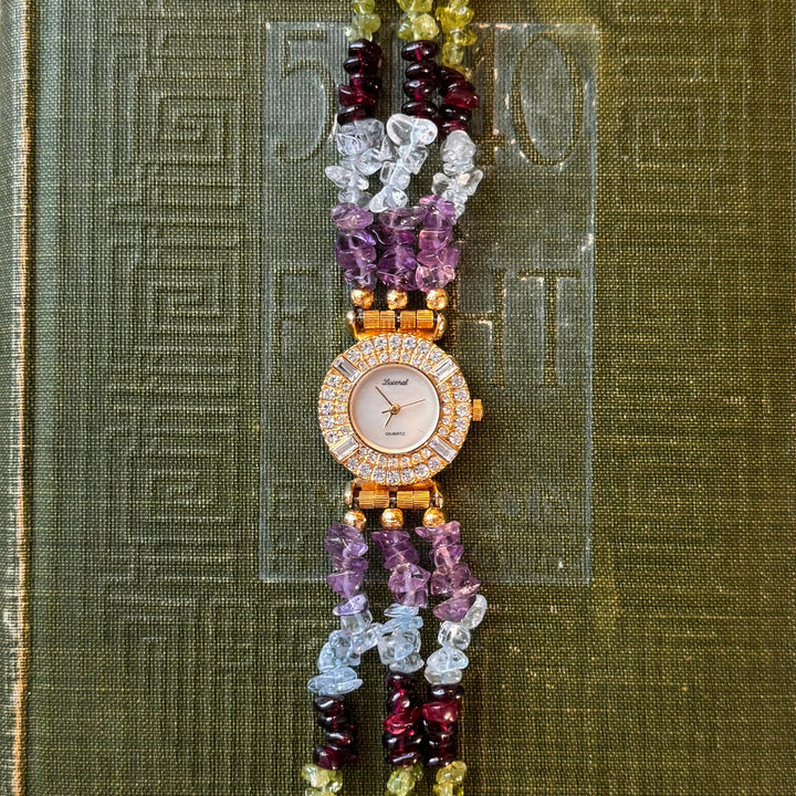 Gold Watch with Multicolored Beaded Stones