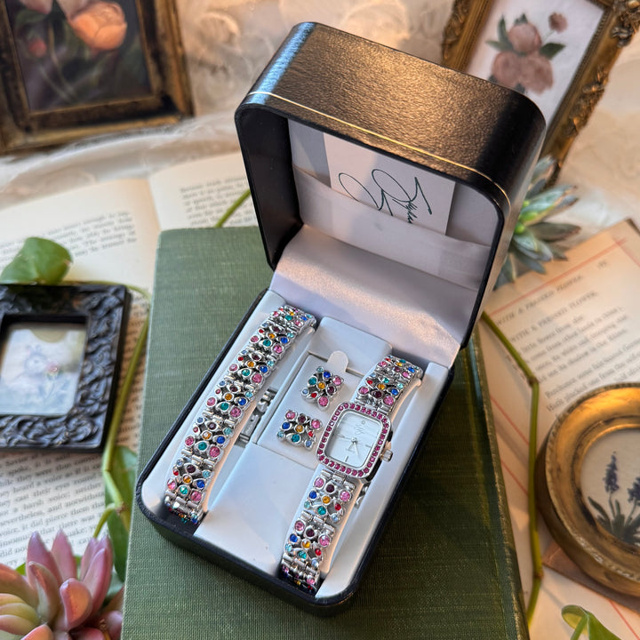 Silver Multicolored Watch with Matching Earrings and Bracelet