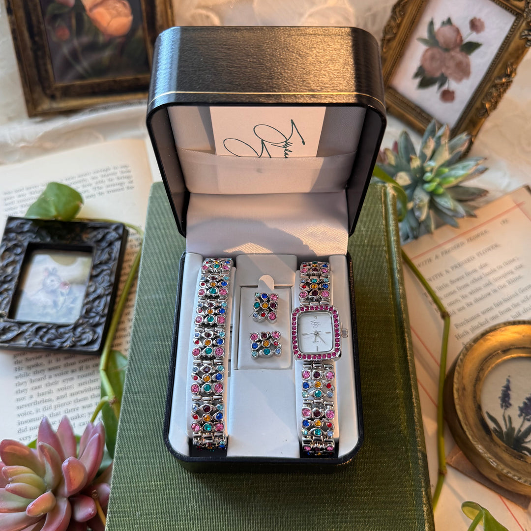 Silver Multicolored Watch with Matching Earrings and Bracelet