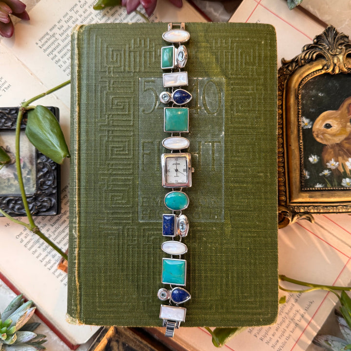 Silver Watch with Multicolored Stones