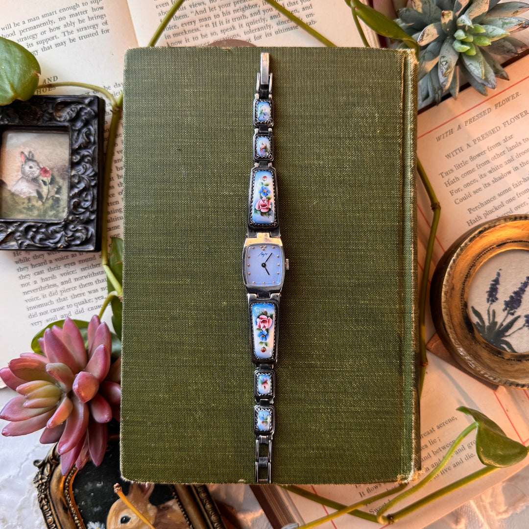 Silver Floral Enamel Watch