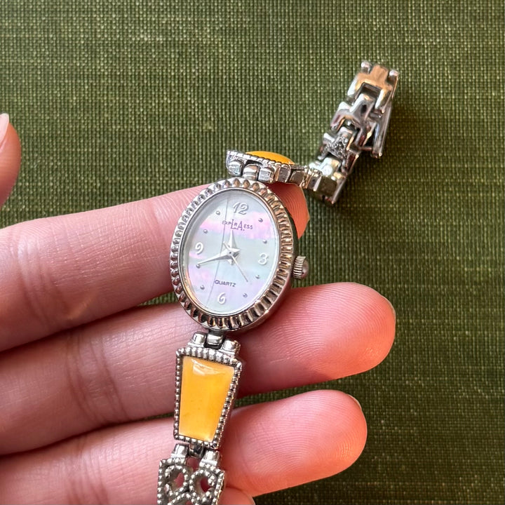 Silver Watch with Yellow Details