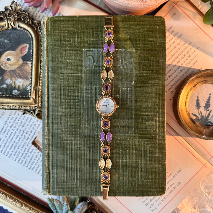 Gold Purple Jade & Topaz Watch
