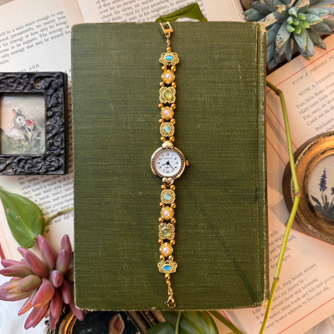 Handmade Gold Watch with Multicolored Stones