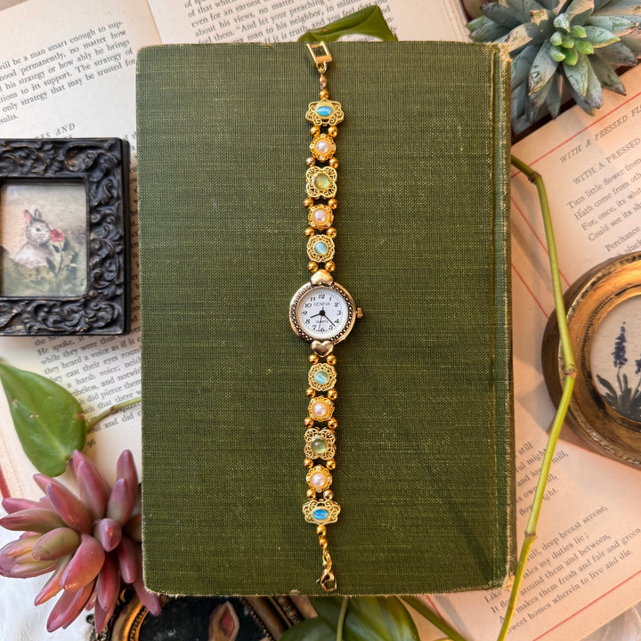 Handmade Gold Watch with Multicolored Stones