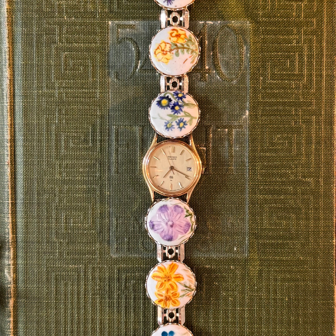 Repurposed Gold Floral Enamel Watch