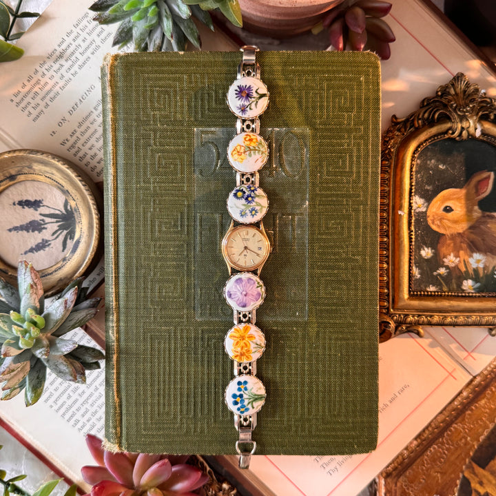Repurposed Gold Floral Enamel Watch