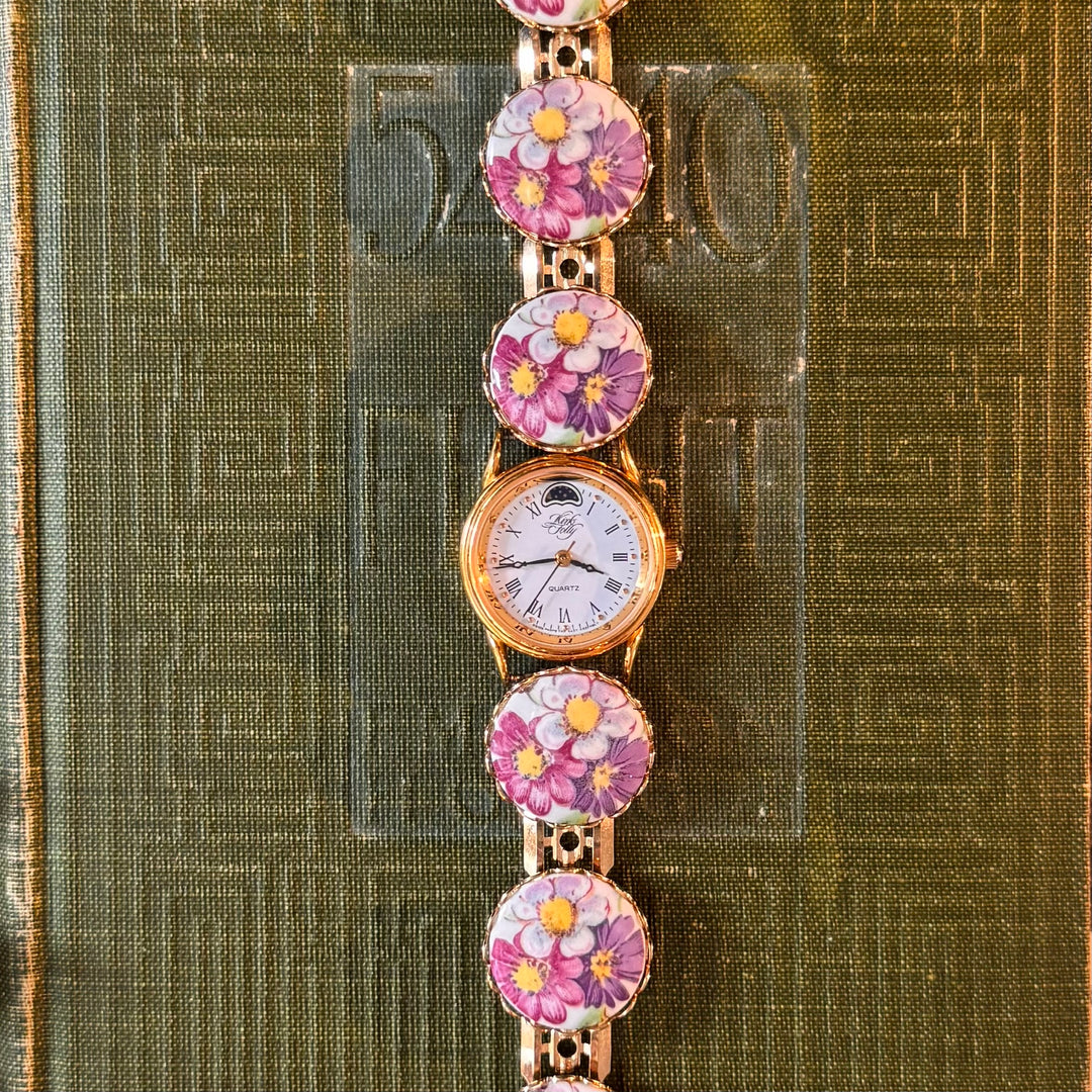 Repurposed Gold Floral Enamel Watch with Kirks Folly Face
