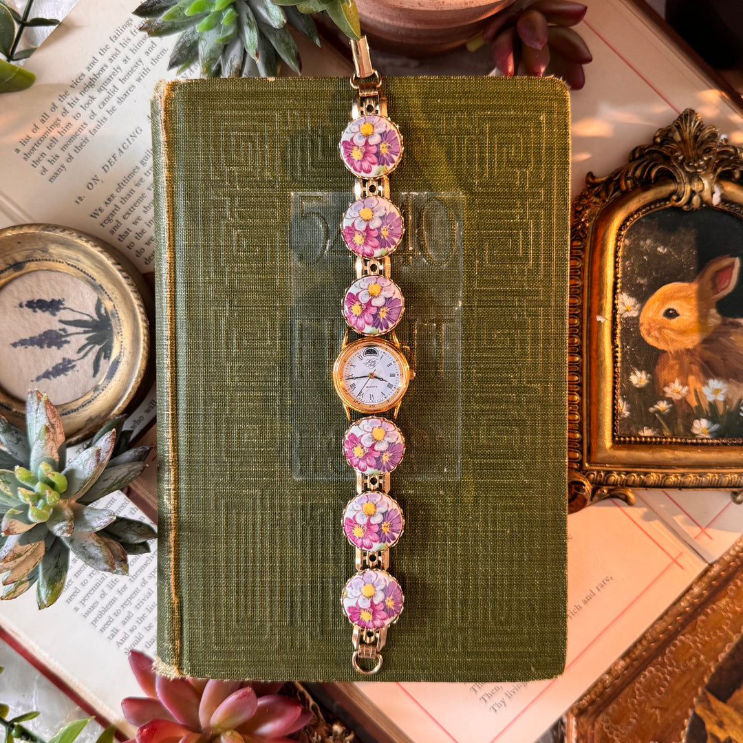 Repurposed Gold Floral Enamel Watch with Kirks Folly Face