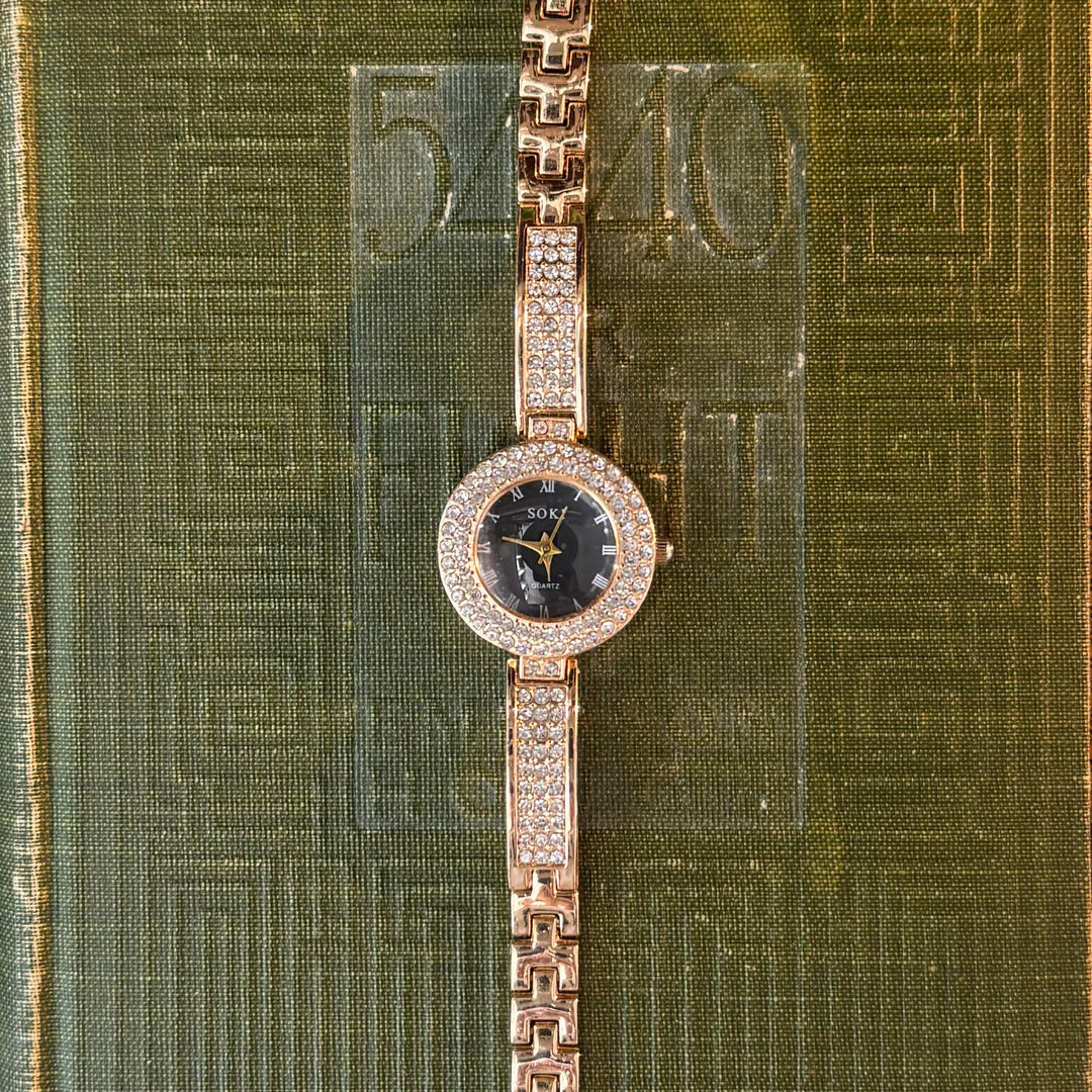 Gold Watch with Black Face & Rhinestones