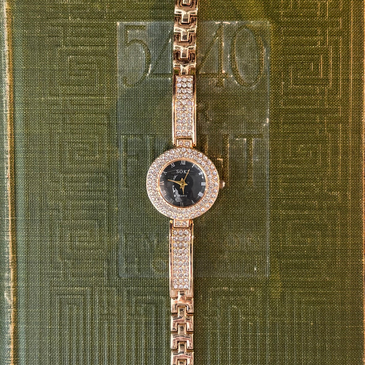 Gold Watch with Black Face & Rhinestones