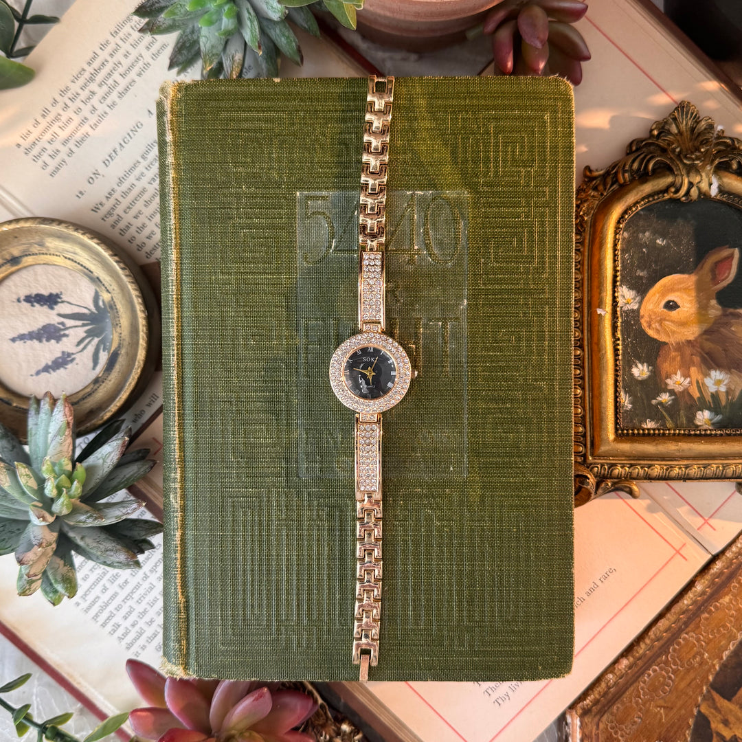 Gold Watch with Black Face & Rhinestones