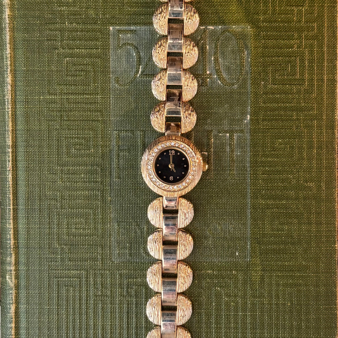 Gold Watch with Rhinestones & Black Face