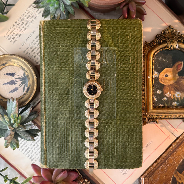 Gold Watch with Rhinestones & Black Face