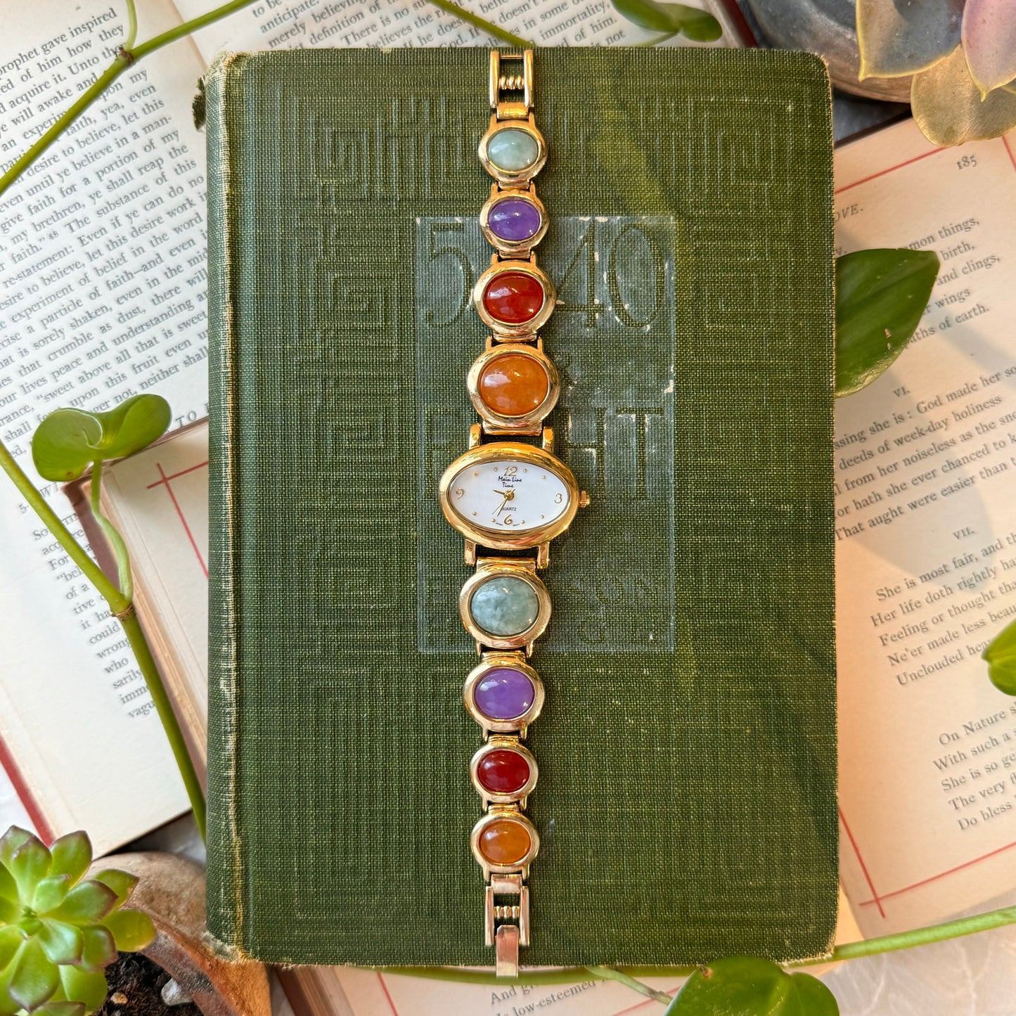 Gold Watch with Multicolored Jade Stones