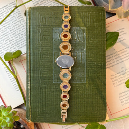 Gold Watch with Multicolored Jade Stones