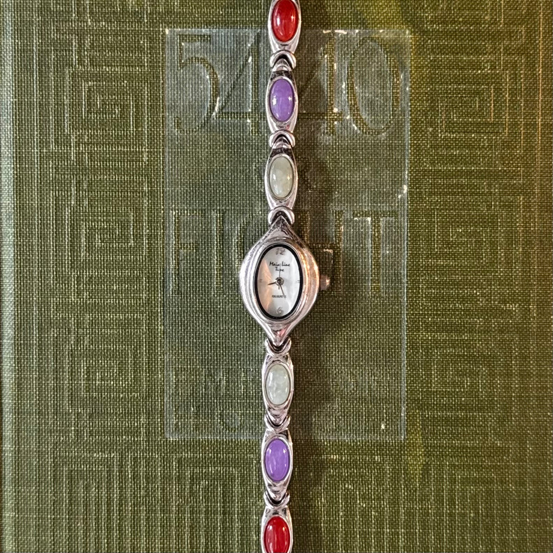 Silver Watch with Multicolored Cabochon Stones