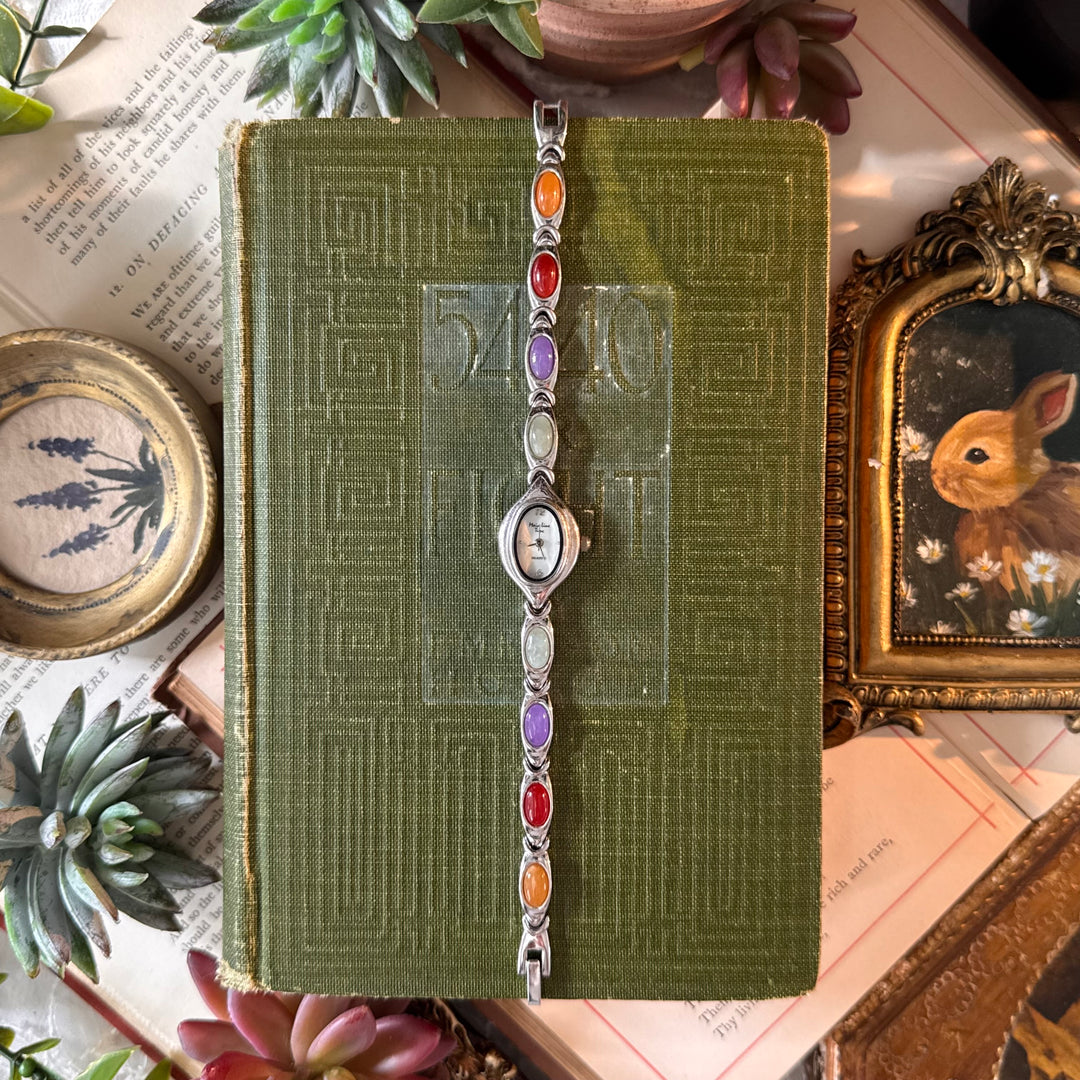 Silver Watch with Multicolored Cabochon Stones