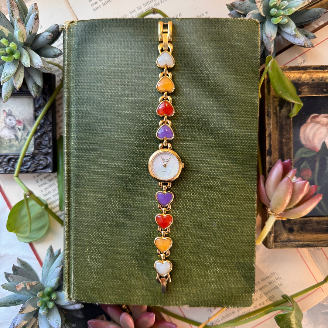 Gold Heart Watch with Cabochon Stones