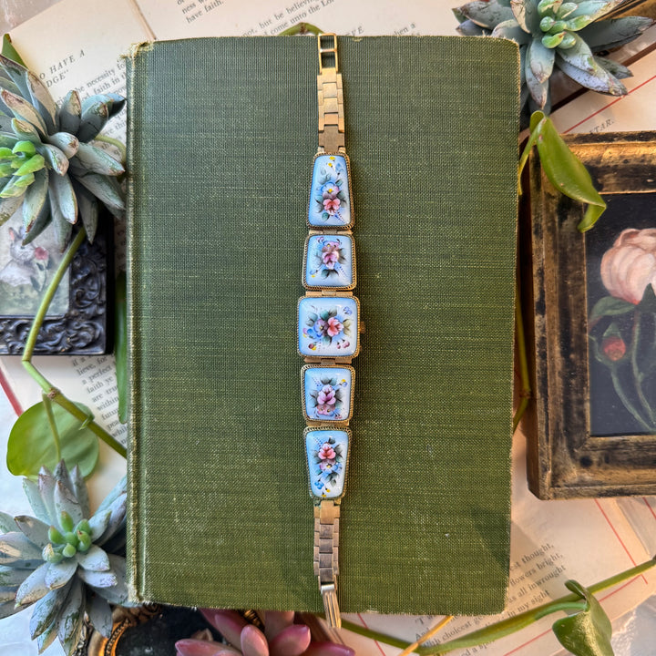 Gold Hand-Painted Enamel Floral Watch