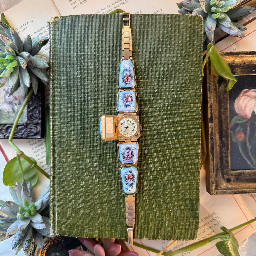 Gold Hand-Painted Enamel Floral Watch