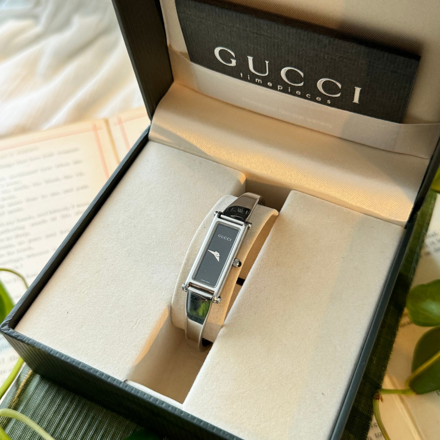 Silver Gucci Watch with Black Face