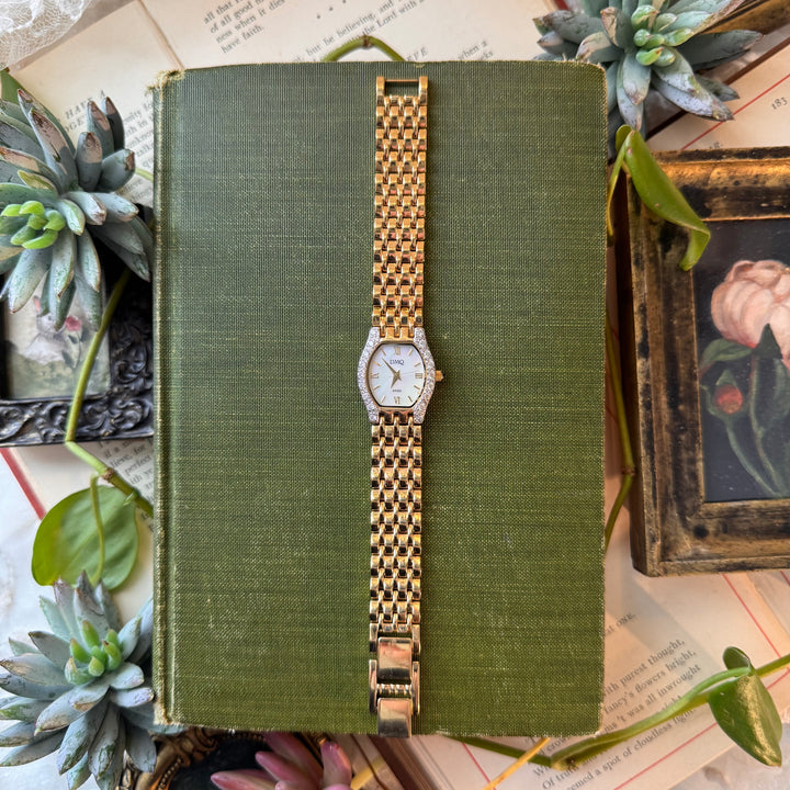 Gold Watch with Rhinestones and Mother of Pearl Face