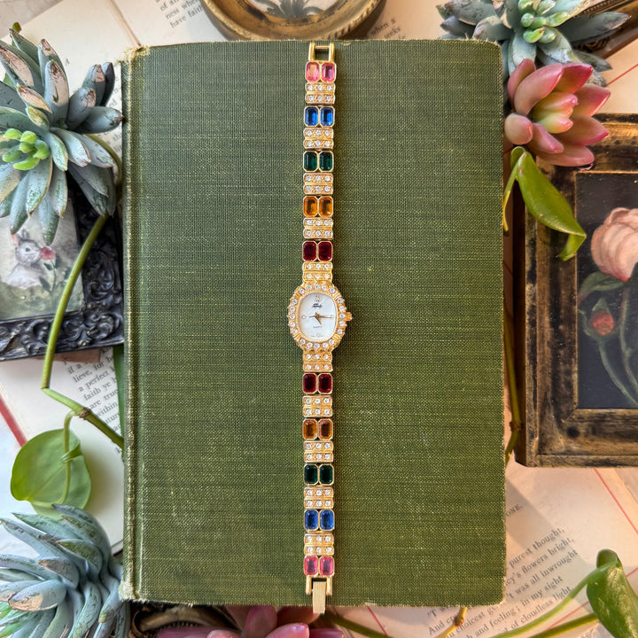 Gold Watch with Multicolored Stones