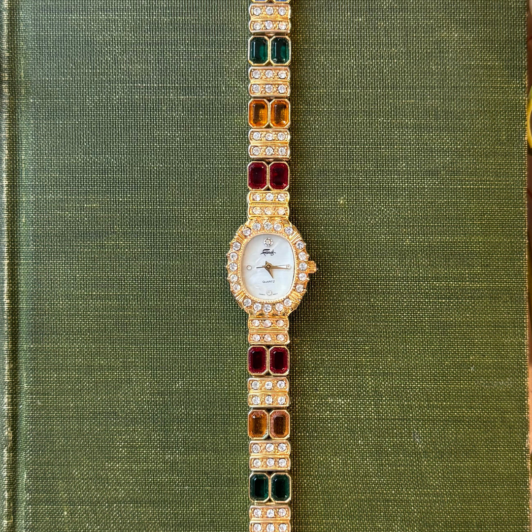 Gold Watch with Multicolored Rhinestones
